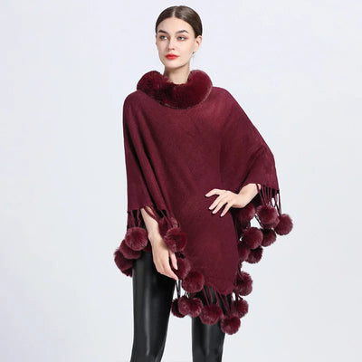 Poncho Scarf with Faux Fur Collar and Fringed Shawl