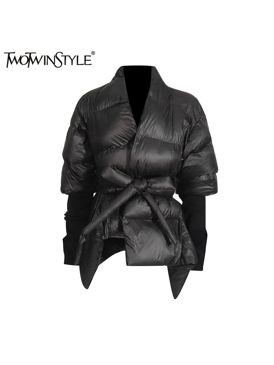 Solid Leather Lace-Up Irregular Parka for Women – V Neck Long Sleeve Winter Coat