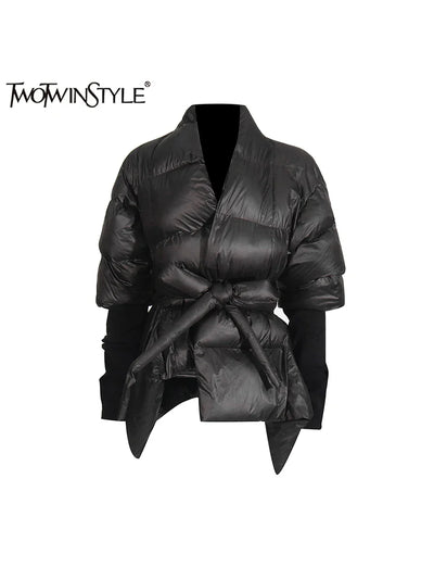 Solid Leather Lace-Up Irregular Parka for Women – V Neck Long Sleeve Winter Coat