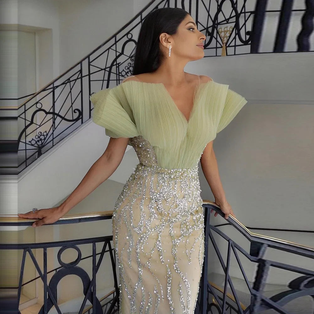 Luxury Dubai Sage Green Mermaid Evening Dress - Off Shoulder Formal Party Gown
