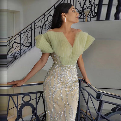 Luxury Dubai Sage Green Mermaid Evening Dress - Off Shoulder Formal Party Gown