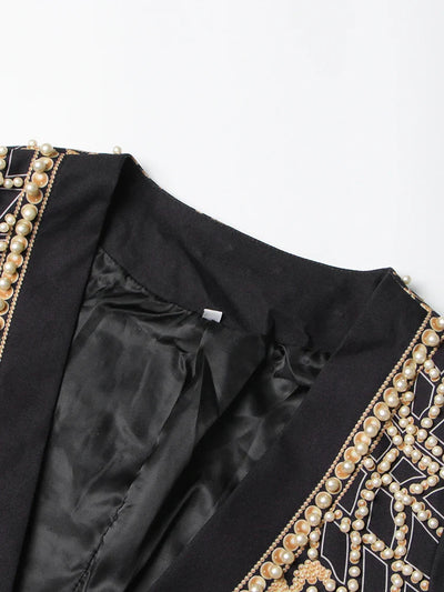 High Street Women's Blazer - V Neck, Long Sleeve, Embroidered Flares, Colorblock Design