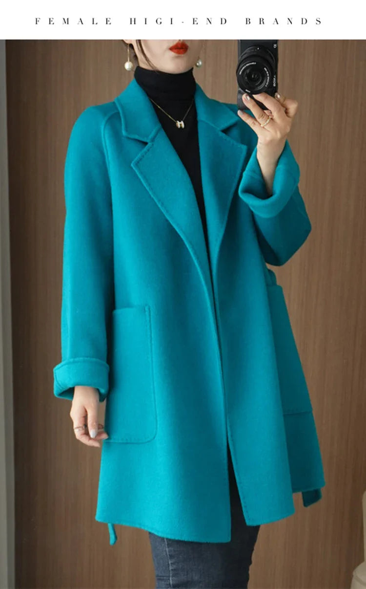 Women Double-Sided Woolen Cashmere Coat with Belt