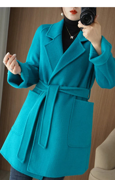 Women Double-Sided Woolen Cashmere Coat with Belt
