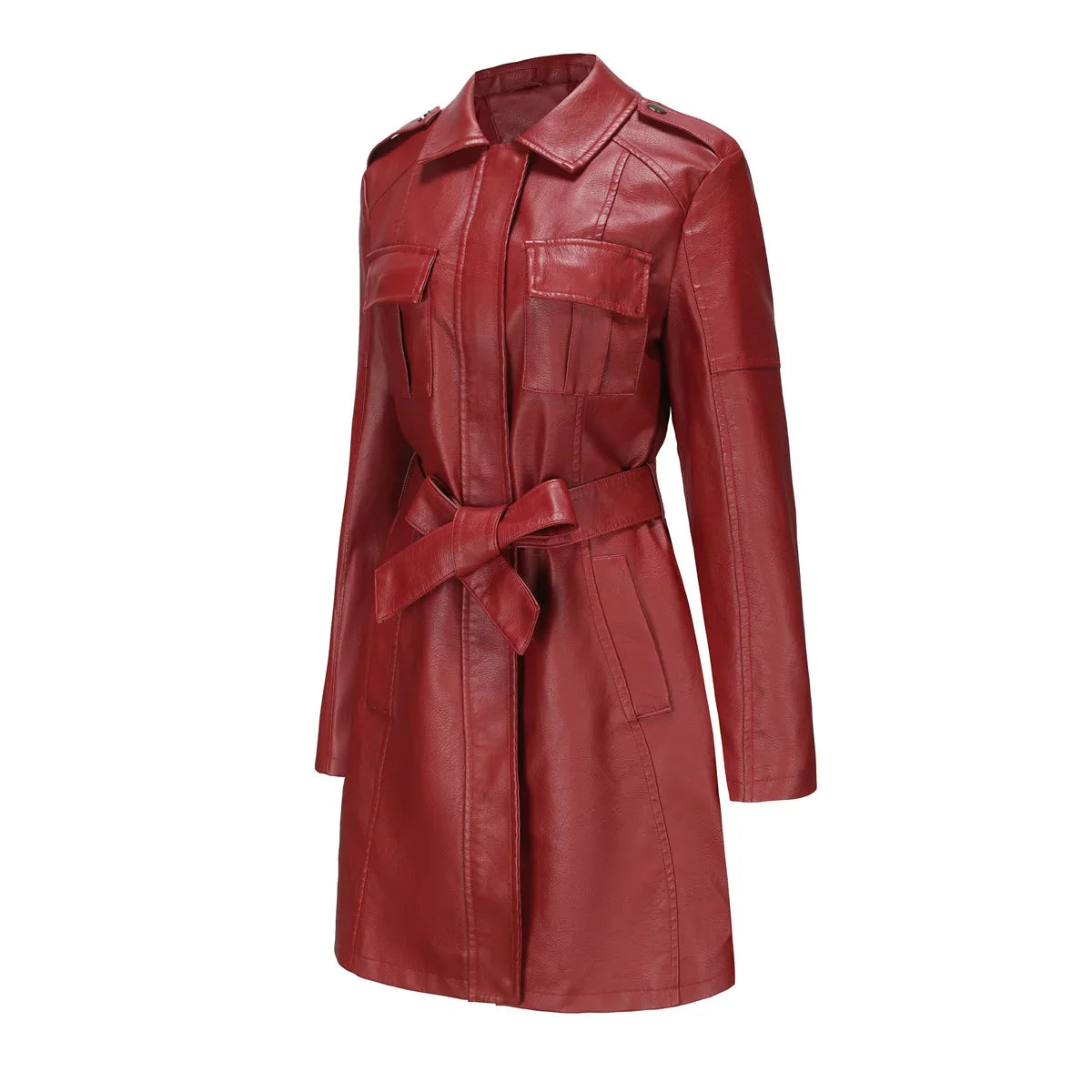 Red PU Leather Waist Lace-Up Long Jacket - Women's Fashion Overcoat