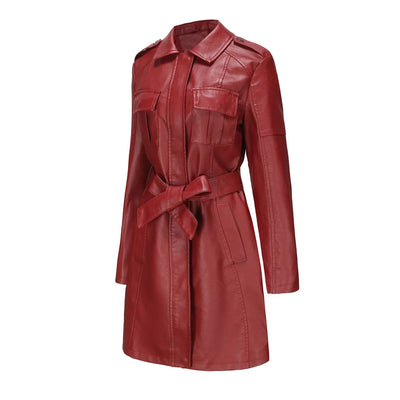 Red PU Leather Waist Lace-Up Long Jacket - Women's Fashion Overcoat