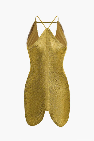 Fringe V-Neck Tassel Mini Dress - Halter Cutout Design