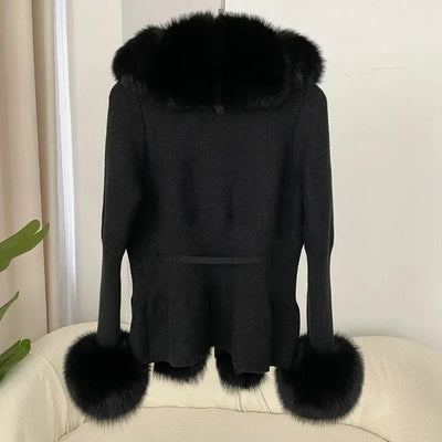 Women's Luxury Fur Coat with Detachable Fox Fur Collar - Autumn/Winter