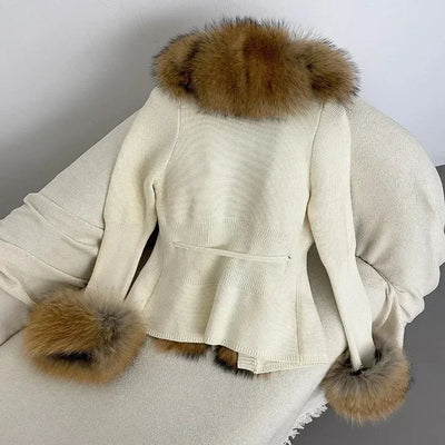 Women's Luxury Fur Coat with Detachable Fox Fur Collar - Autumn/Winter