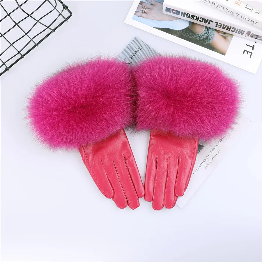 Sheepskin Leather Gloves with Fox Fur Trim – Women's Winter Mittens