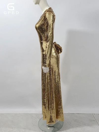Gold Sequin Backless Evening Dress with Bow - Slim Fit, Long Sleeves