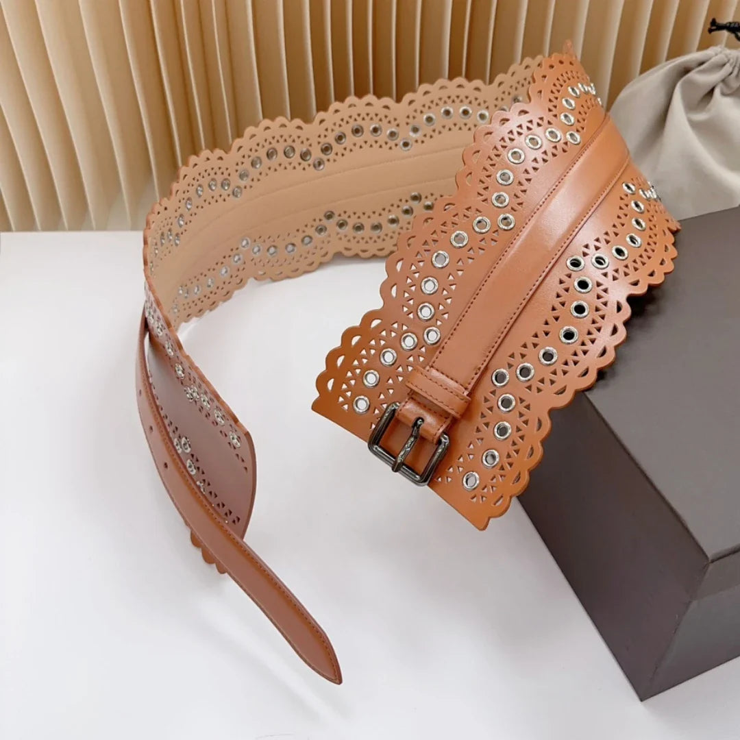12 CM Wide Hollow Pattern Pin Buckle Waist Belt - Handmade Luxury Accessory