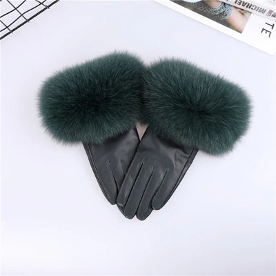 Sheepskin Leather Gloves with Fox Fur Trim – Women's Winter Mittens