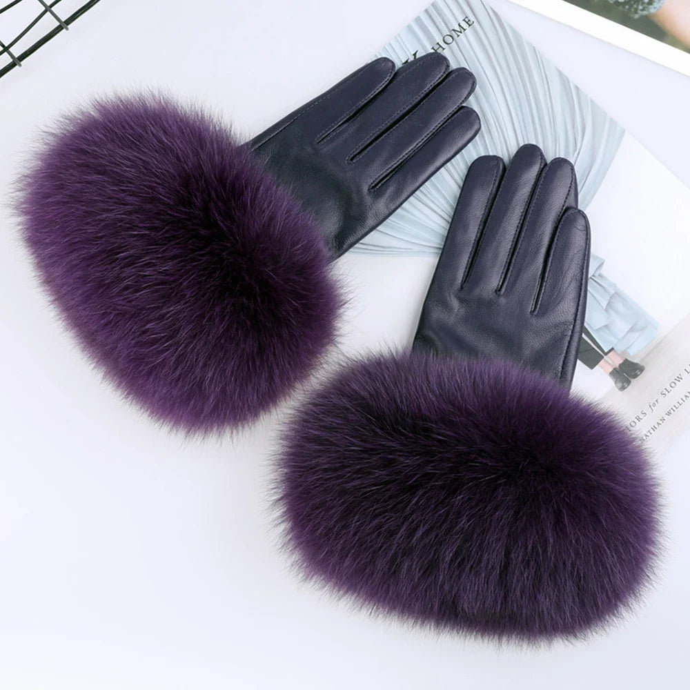 Sheepskin Leather Gloves with Fox Fur Trim – Women's Winter Mittens