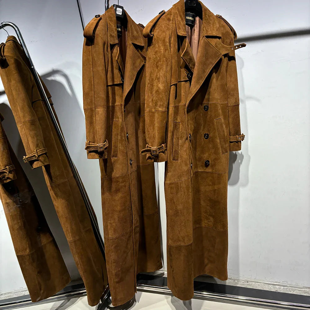 Long Real Leather Trench Coat for Women - Double Breasted Suede