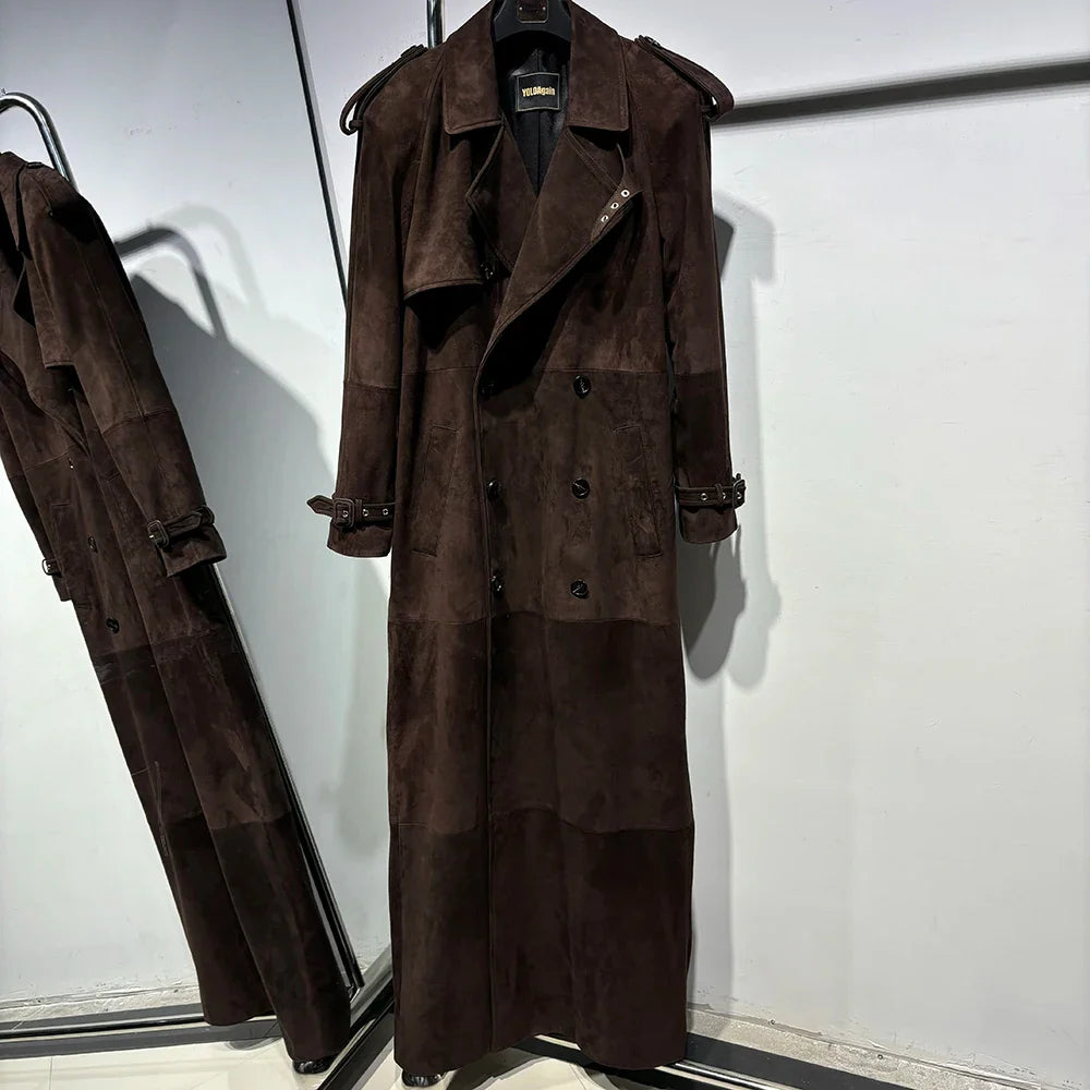 Long Real Leather Trench Coat for Women - Double Breasted Suede