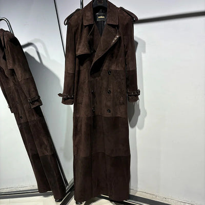 Long Real Leather Trench Coat for Women - Double Breasted Suede