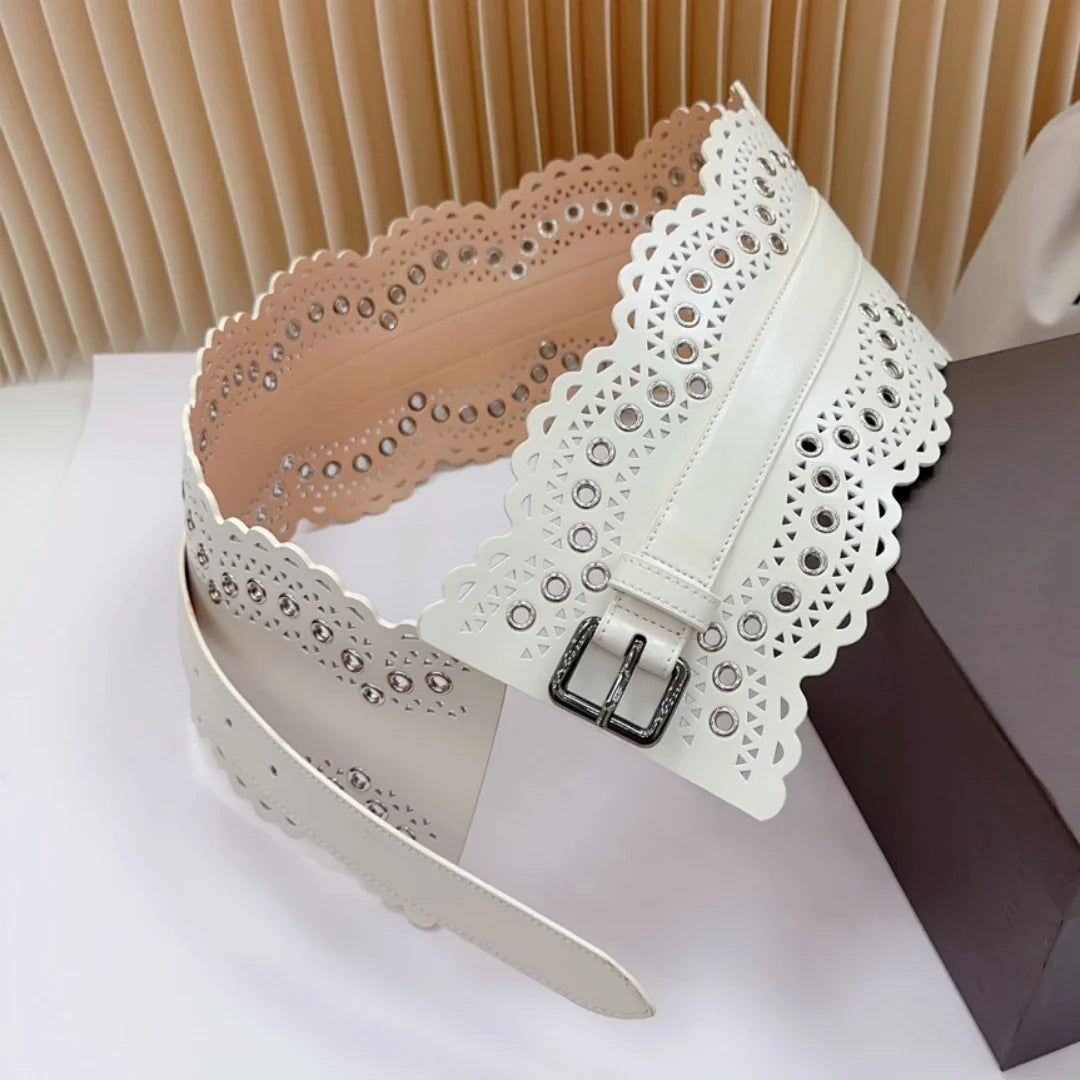 12 CM Wide Hollow Pattern Pin Buckle Waist Belt - Handmade Luxury Accessory