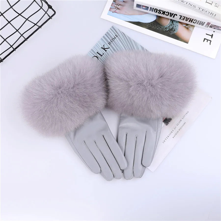 Sheepskin Leather Gloves with Fox Fur Trim – Women's Winter Mittens