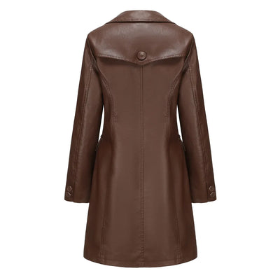 Red PU Leather Waist Lace-Up Long Jacket - Women's Fashion Overcoat