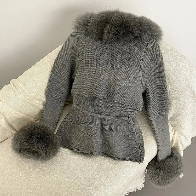 Women's Luxury Fur Coat with Detachable Fox Fur Collar - Autumn/Winter