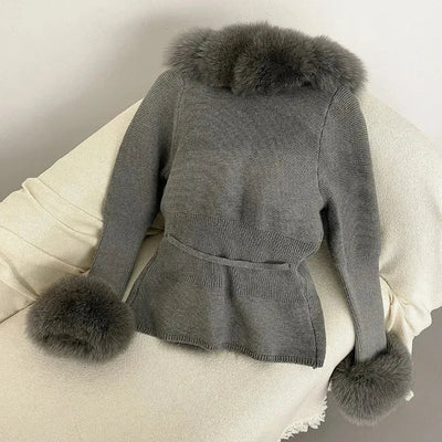 Women's Luxury Fur Coat with Detachable Fox Fur Collar - Autumn/Winter