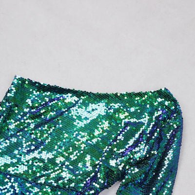 Women’s Green Pink Gold Sequined One Shoulder Party Dress