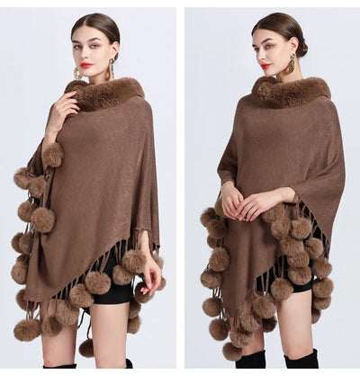 Poncho Scarf with Faux Fur Collar and Fringed Shawl
