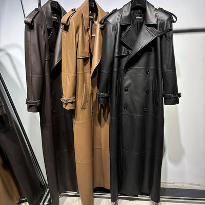 Long Real Leather Trench Coat for Women - Double Breasted Suede