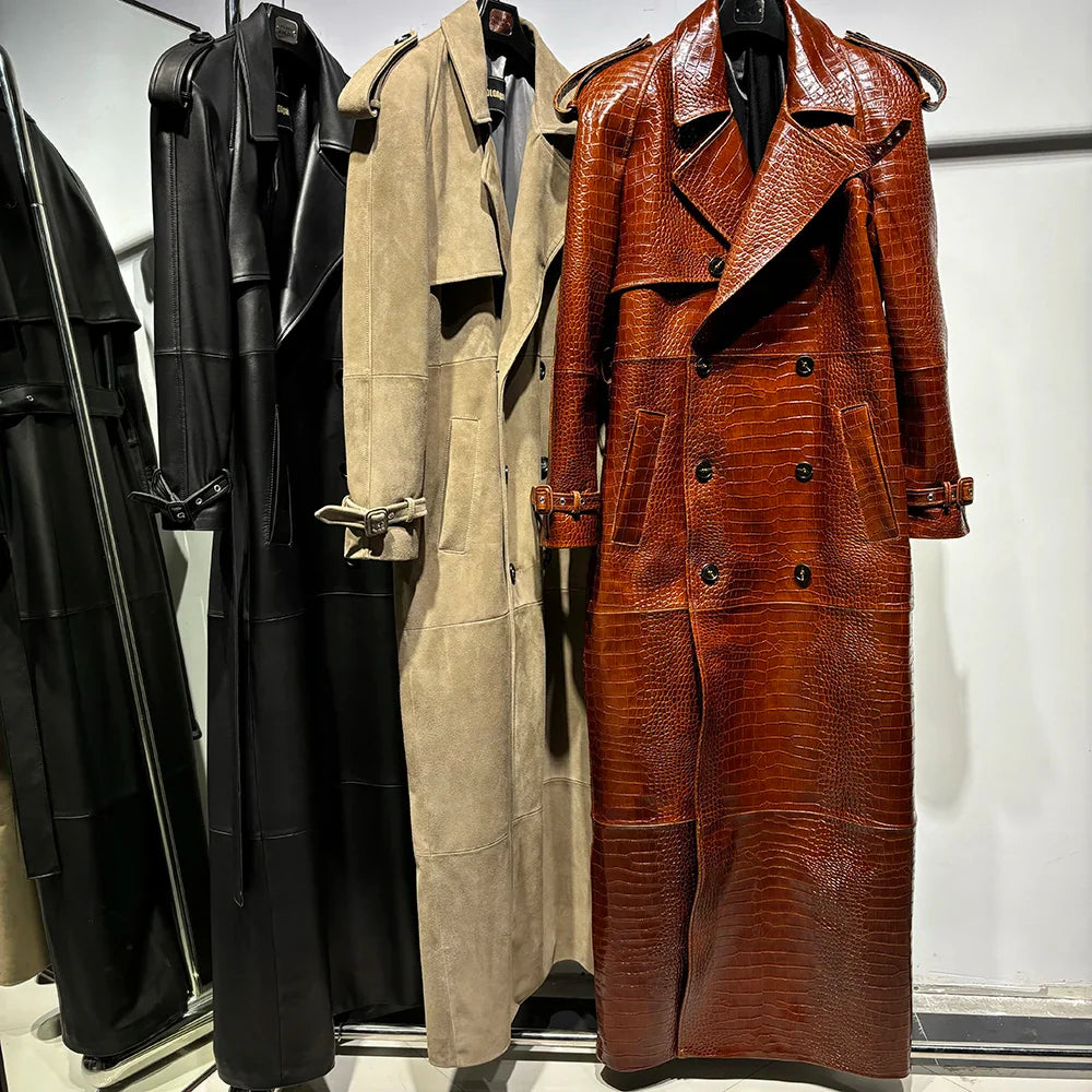Long Real Leather Trench Coat for Women - Double Breasted Suede