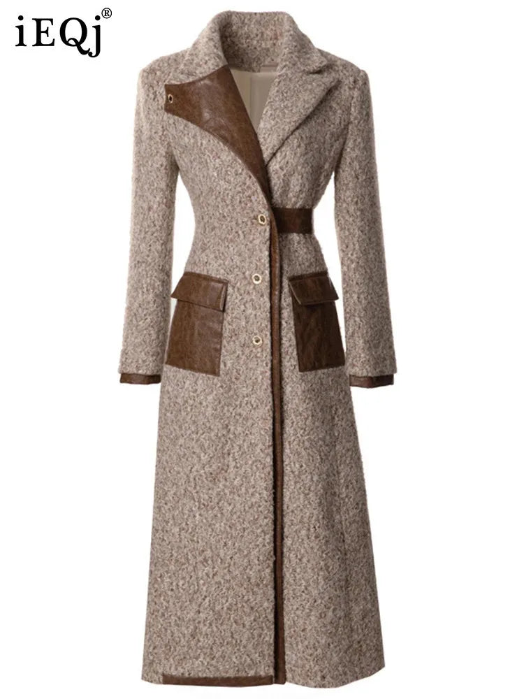 Women Elegant Patchwork Windbreaker with PU Leather Splice and Belt