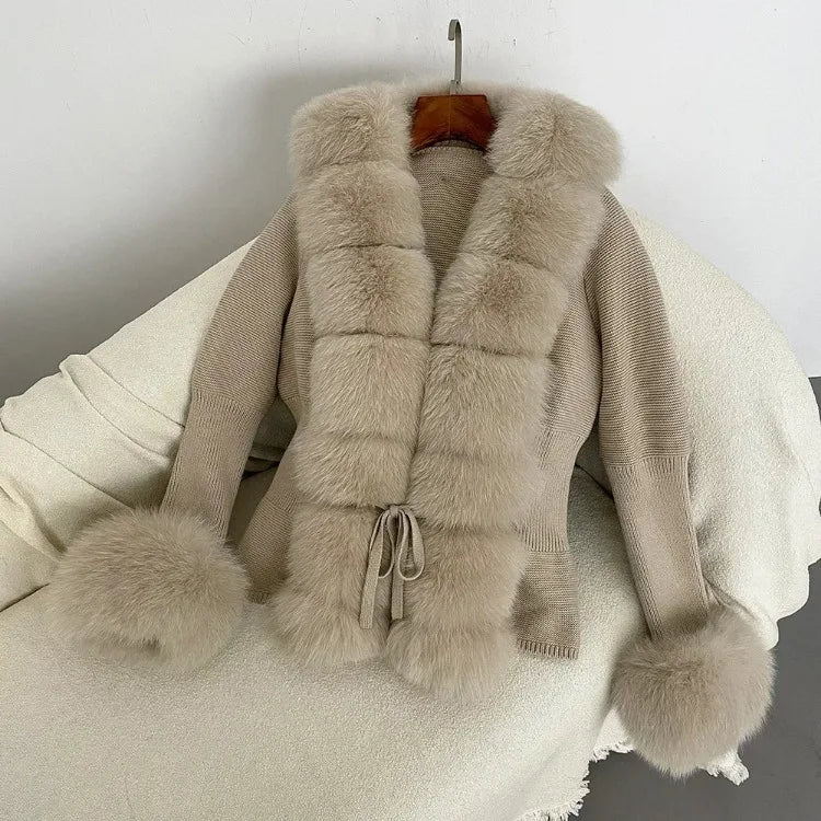 Women's Luxury Fur Coat with Detachable Fox Fur Collar - Autumn/Winter