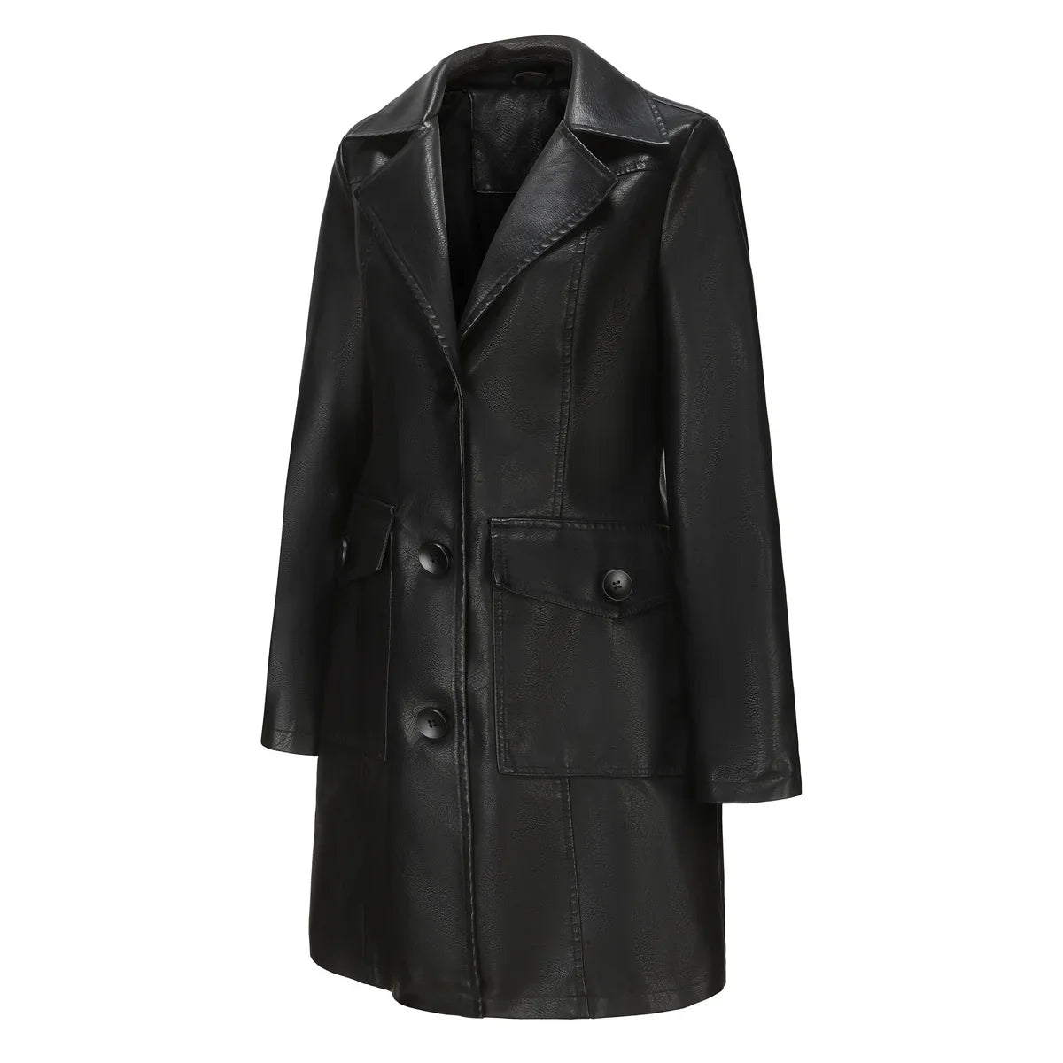Red PU Leather Waist Lace-Up Long Jacket - Women's Fashion Overcoat