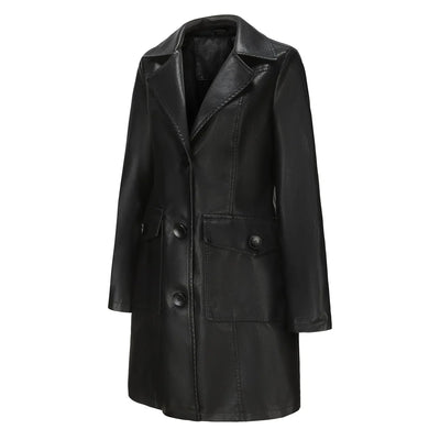 Red PU Leather Waist Lace-Up Long Jacket - Women's Fashion Overcoat