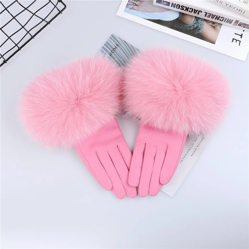 Sheepskin Leather Gloves with Fox Fur Trim – Women's Winter Mittens