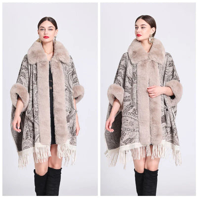 Soft Warm Wool Blend Cape Coat with Faux Fur and Tassels for Women