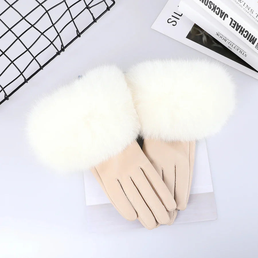 Sheepskin Leather Gloves with Fox Fur Trim – Women's Winter Mittens