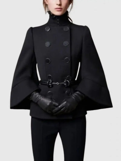 Women's Black High-Neck Buttoned Jacket with Flared Sleeves