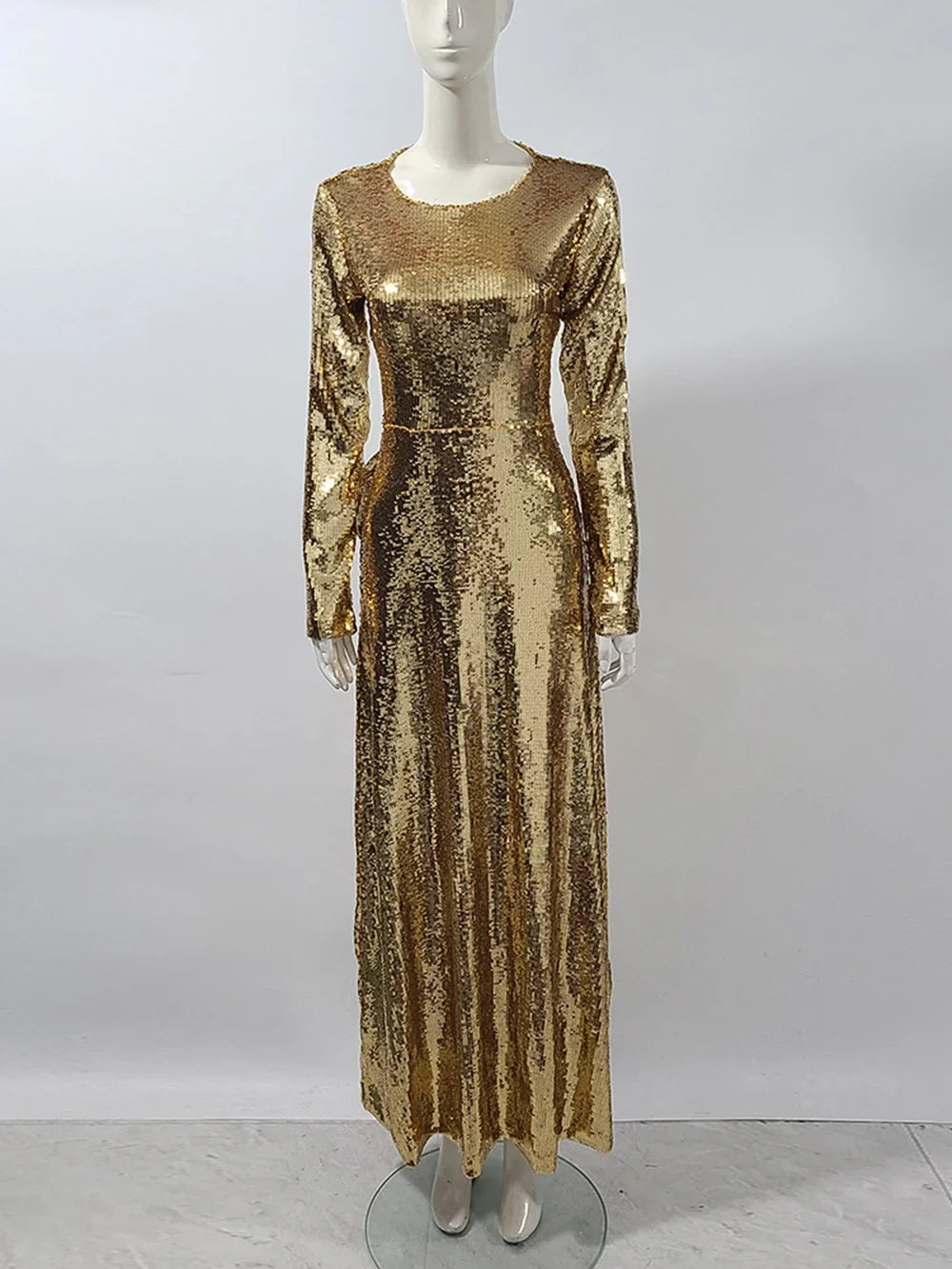 Gold Sequin Backless Evening Dress with Bow - Slim Fit, Long Sleeves