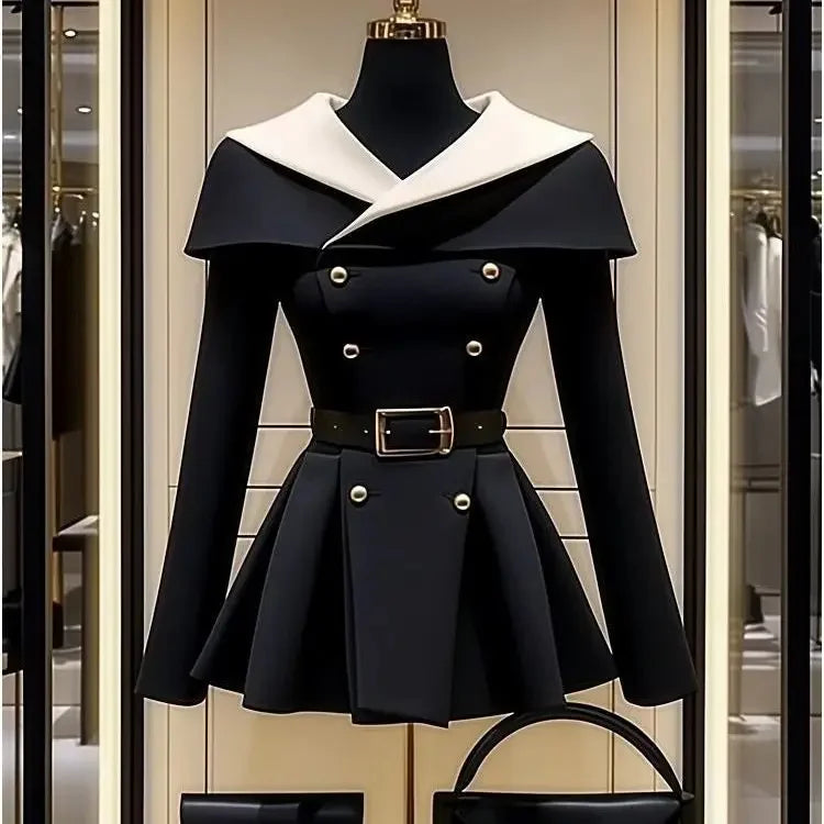 Black Belted Waist Suit Jacket for Women | Stylish Spring/Autumn Coat