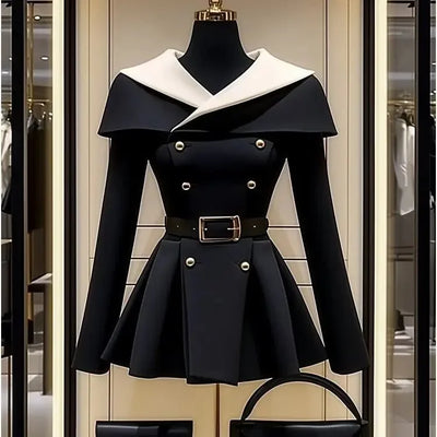 Black Belted Waist Suit Jacket for Women | Stylish Spring/Autumn Coat
