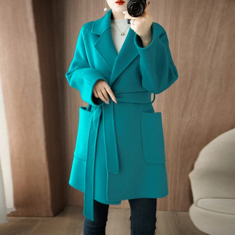Women Double-Sided Woolen Cashmere Coat with Belt