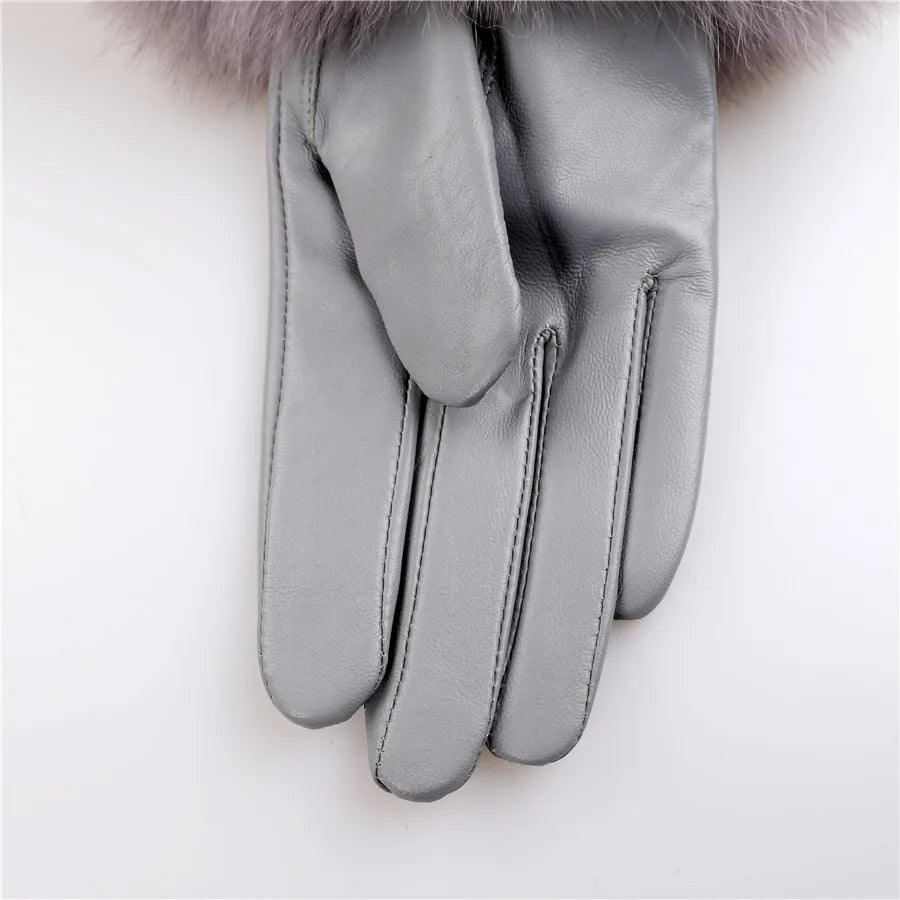 Sheepskin Leather Gloves with Fox Fur Trim – Women's Winter Mittens