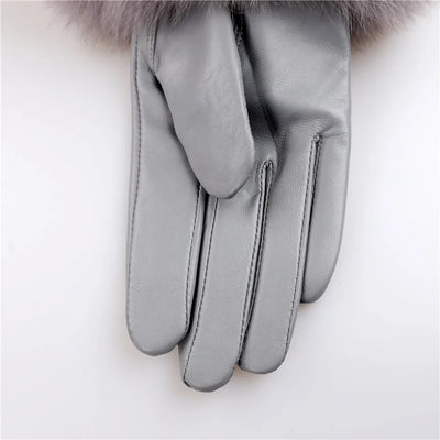 Sheepskin Leather Gloves with Fox Fur Trim – Women's Winter Mittens
