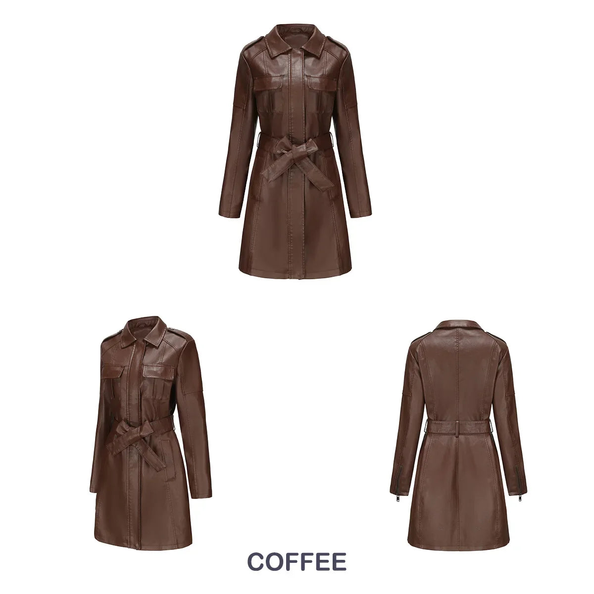 Red PU Leather Waist Lace-Up Long Jacket - Women's Fashion Overcoat