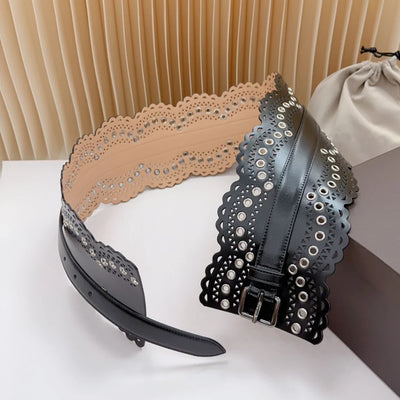 12 CM Wide Hollow Pattern Pin Buckle Waist Belt - Handmade Luxury Accessory