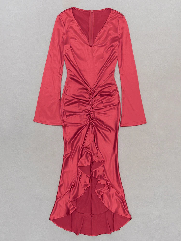 Sexy V-Neck Flare Sleeve Ruched Ruffle Long Dress