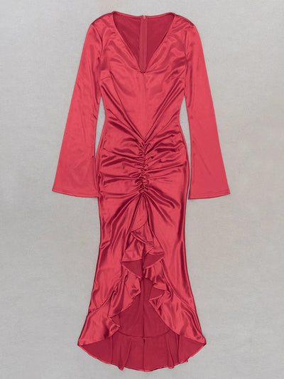 Sexy V-Neck Flare Sleeve Ruched Ruffle Long Dress