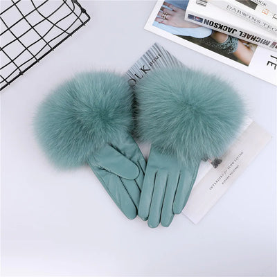 Sheepskin Leather Gloves with Fox Fur Trim – Women's Winter Mittens