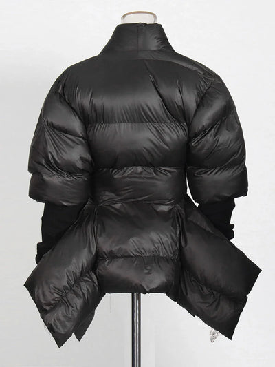 Solid Leather Lace-Up Irregular Parka for Women – V Neck Long Sleeve Winter Coat